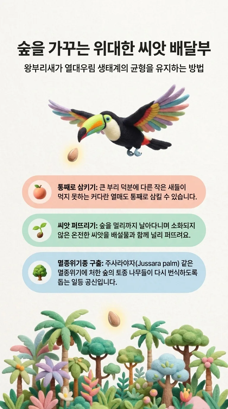 숲을 가꾸는 위대한 씨앗 배달부 — 왕부리새가 열대우림 생태계의 균형을 유지하는 방법 — 통째로 삼키기 / 씨앗 퍼뜨리기 / 멸종위기종 구출