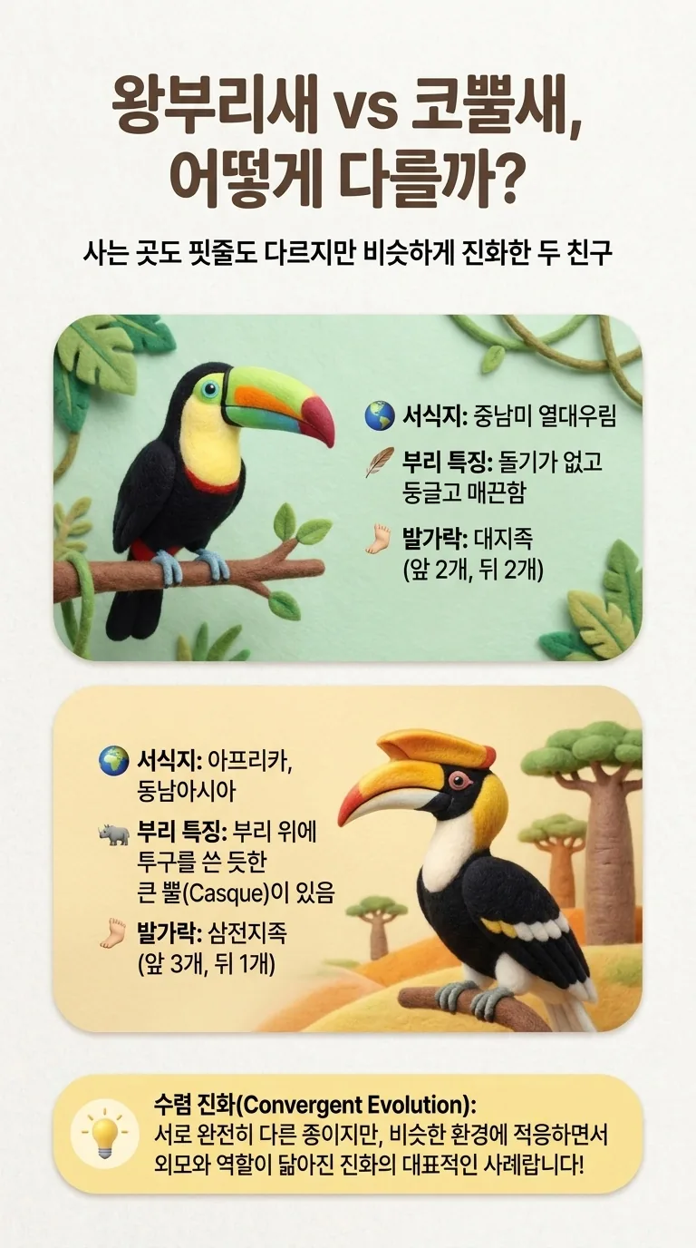 왕부리새 vs 코뿔새, 어떻게 다를까? — 사는 곳도 핏줄도 다르지만 비슷하게 진화한 두 친구 — 왕부리새 / 코뿔새