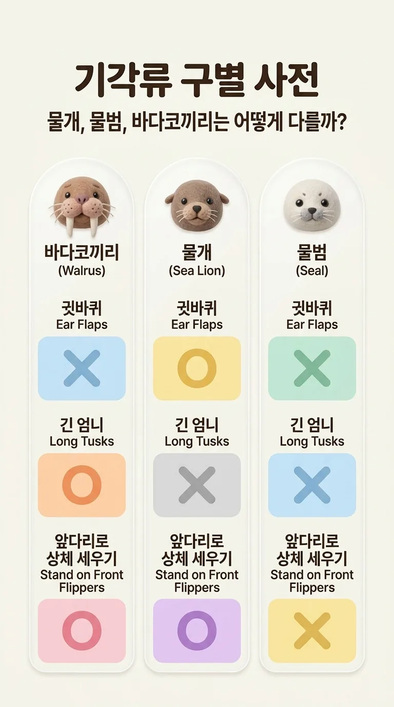 기각류 구별 사전 — 물개, 물범, 바다코끼리는 어떻게 다를까? — 바다코끼리 (Walrus) / 물개 (Sea Lion) / 물범 (Seal)