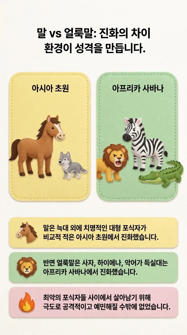 말 vs 얼룩말: 진화의 차이 — 환경이 성격을 만듭니다.
