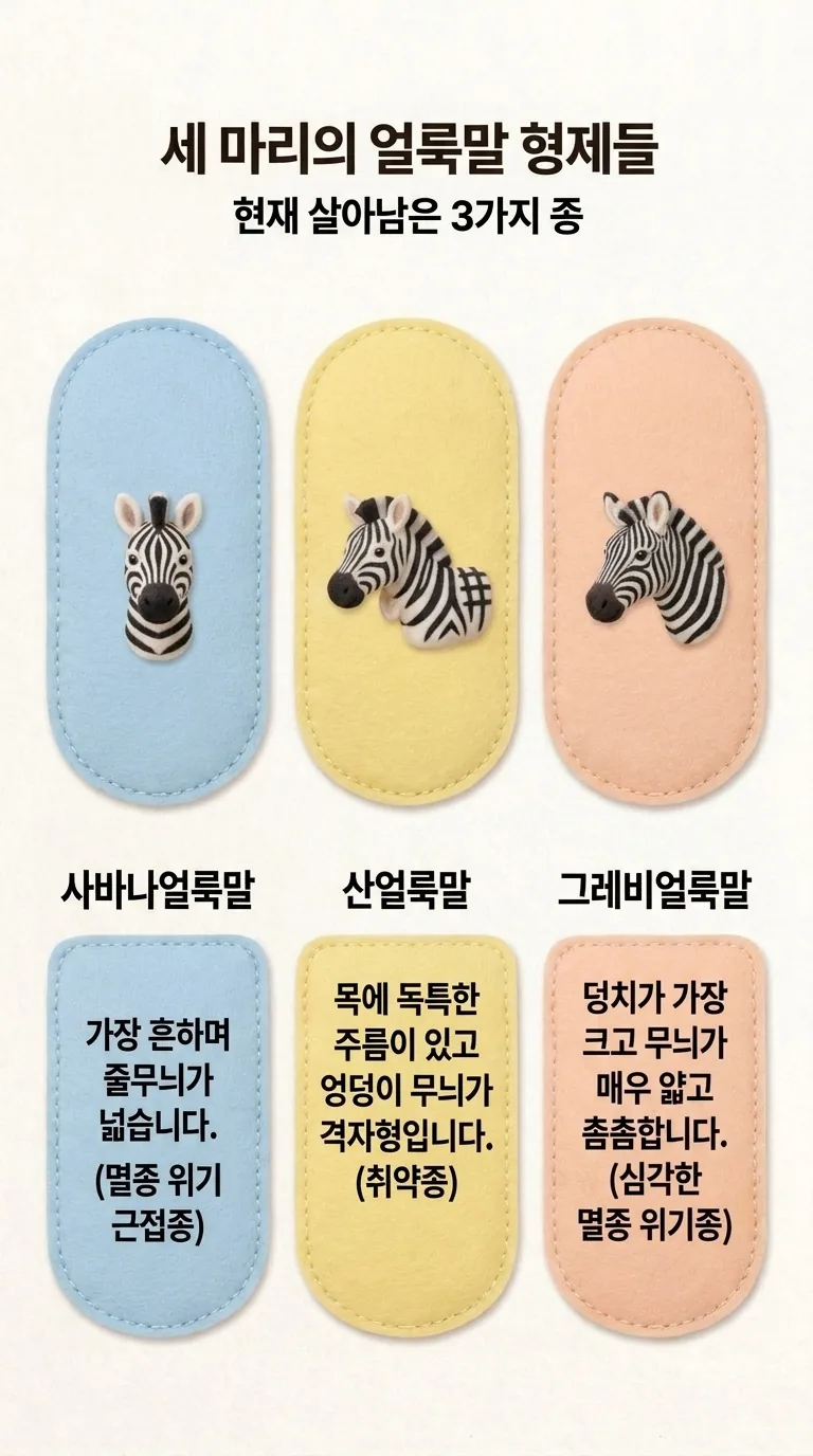 세 마리의 얼룩말 형제들 — 현재 살아남은 3가지 종 — 사바나얼룩말 / 산얼룩말 / 그레비얼룩말